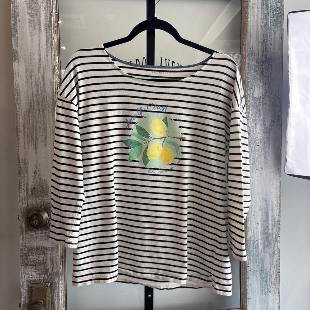 Talbots Women's Striped Lemon Graphic 3/4 Sleeve Cotton Tee White Black Size M